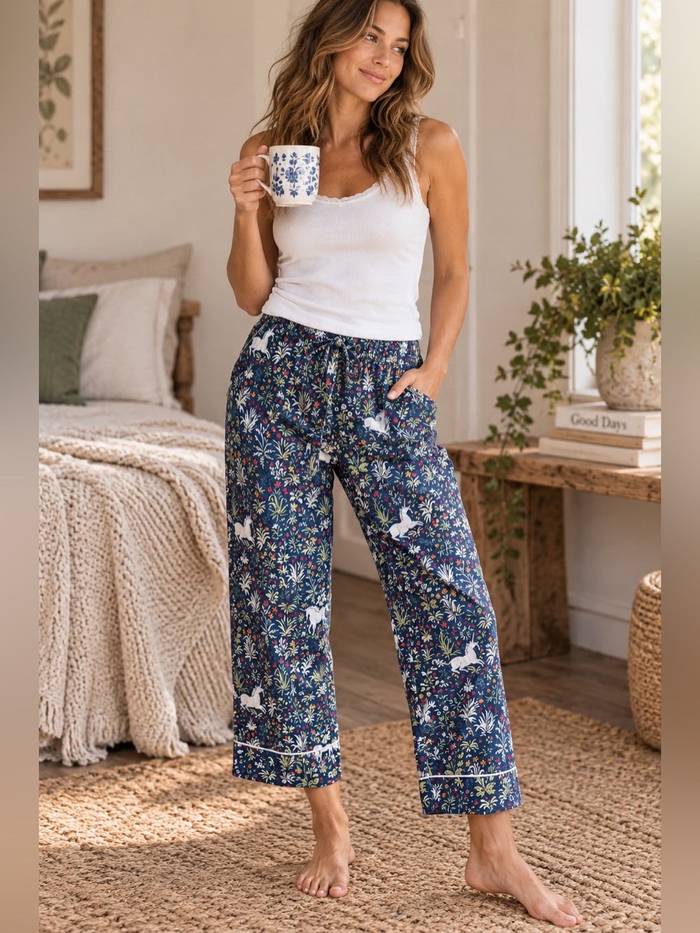 Printfresh Unicorn’s Garden Organic Cotton Cropped Pajama Pants Whimsical Floral
